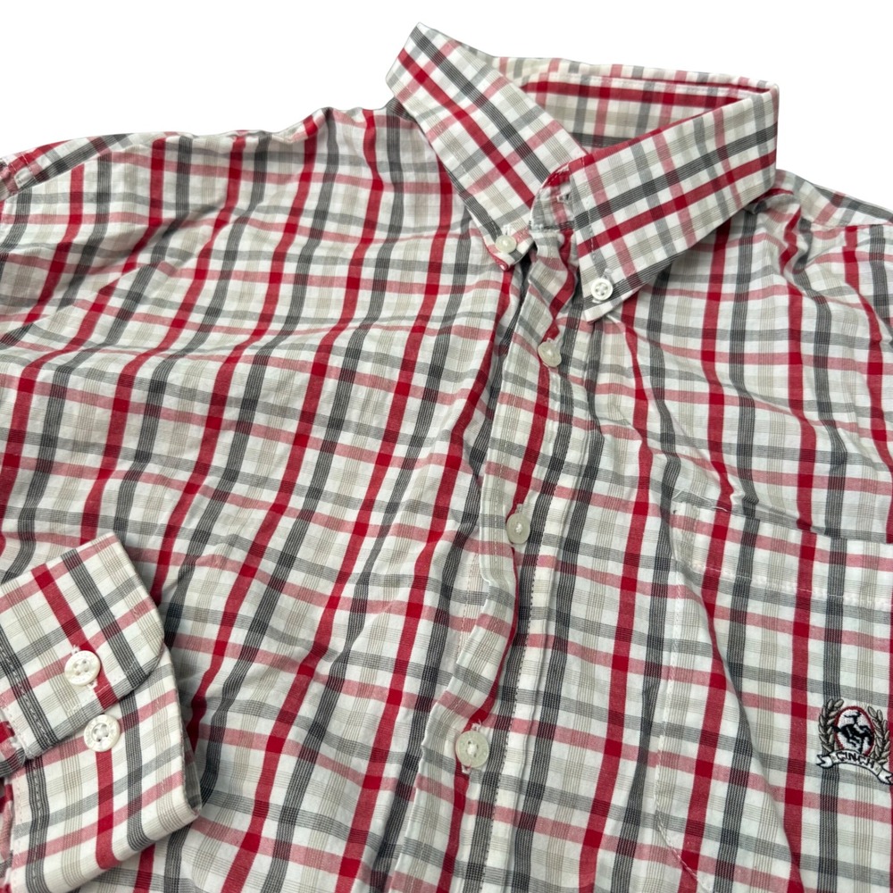 Cinch Mens Large Red White Grey Plaid Cotton Western Button Down Long Sleeve